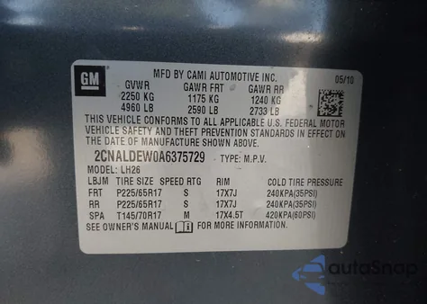 2010 Chevrolet Equinox Lt из США, поврежденный, VIN 2CNALDEW0A6375729